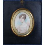 English School (early 19th century), watercolour on ivory, miniature portrait of a young lady