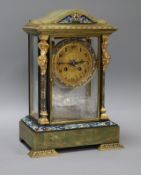 A French onyx and enamel champleve four glass mantel clock H.34cm