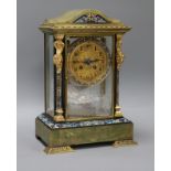 A French onyx and enamel champleve four glass mantel clock H.34cm