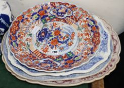 An Imari dish and three meat plates