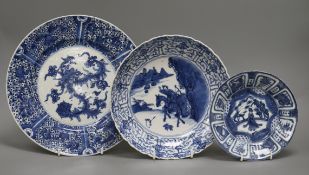 Two Chinese Kangxi blue and white dishes and a Wanli Kraak blue and white dish largest diameter 26.