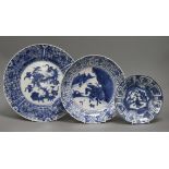 Two Chinese Kangxi blue and white dishes and a Wanli Kraak blue and white dish largest diameter 26.