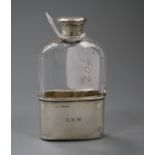 A Victorian silver mounted glass hip flask, with silver cup, London, 1871, lid a.f., 11.8cm.