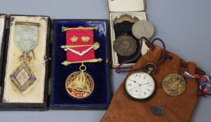 A silver masonic jewel, a Victoria commemorative medal, coinage, watches etc.
