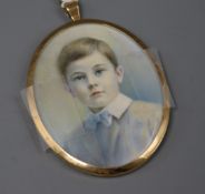 Victorian School, watercolour, head and shoulder miniature portrait of a young boy, 6.3cm x 5cm with