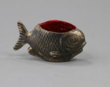 An Edwardian silver pin cushion in the form of a fish, Chester 1908, makers Sampson Mordan & Co Ltd,