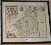 Johannes Blaeu, coloured engraving, map of Northumbria, Latin text verso, overall 51 x 57cm