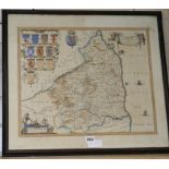 Johannes Blaeu, coloured engraving, map of Northumbria, Latin text verso, overall 51 x 57cm