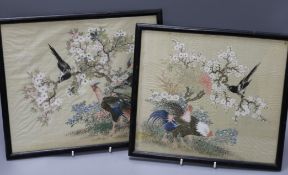 Two early 20th century Chinese paintings on silk of birds largest overall 29.5 x 34cm