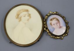 A 20th century watercolour miniature portrait and another portrait, the 20th century example of a