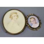 A 20th century watercolour miniature portrait and another portrait, the 20th century example of a