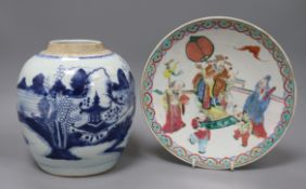 A 19th century Chinese famille rose dish and a blue and white jar dish diameter 23cm