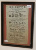 A George III Theatre Royal, Brighton silk programme, dated 1812, framed, advertising Mr Betty ('