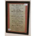 A George III Theatre Royal, Brighton silk programme, dated 1812, framed, advertising Mr Betty ('