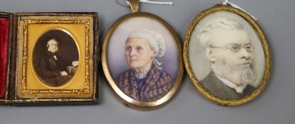 Three miniature portraits, comprising a 19th century English School watercolour head and shoulders