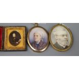 Three miniature portraits, comprising a 19th century English School watercolour head and shoulders