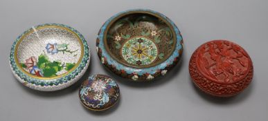 A Chinese cinnabar lacquer box and cover, a cloisonne enamel box and cover and two dishes