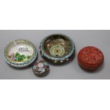 A Chinese cinnabar lacquer box and cover, a cloisonne enamel box and cover and two dishes