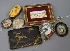 A 19th century hairwork memorial brooch in scrolled frame and sundry items, including a Japanese