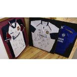 Two West Ham player signed shirts from 2000's and a similar Chelsea shirt (all mounted)