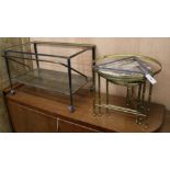 A nest of three brass tables and trolley Tables W.50cm and trolley W.81cm