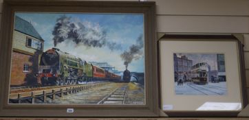 F.Patterson, oil on board, 'The Midday Scot', signed, 50 x 70cm and a watercolour of a Cardiff tram