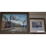 F.Patterson, oil on board, 'The Midday Scot', signed, 50 x 70cm and a watercolour of a Cardiff tram