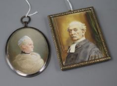 Two watercolour head and shoulder miniature portraits, one of a barrister in court robes and wig,