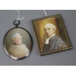 Two watercolour head and shoulder miniature portraits, one of a barrister in court robes and wig,