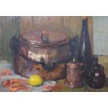 Mary Remington, oil on board, Still life with a copper pot, signed, 34 x 47cm