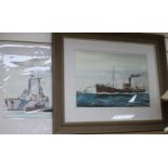 F.Patterson, 2 watercolours, 'HMS Rodney' and 'Scalby Wyke', largest 34 x 45cm, one unframed