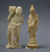 A Japanese Meiji ivory okimono of a fisherman and a composition figure of an elder