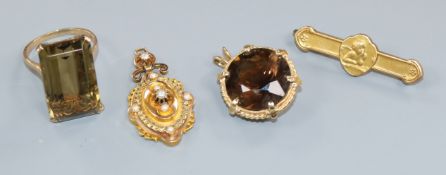 A 9ct gold and citrine ring, two pendants including 14k and a bar brooch.