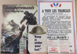 WWII propaganda posters and pamphlets, including 'A Tous Les Francais...', 'Reinforcements are