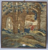 An 18th century woven tapestry fragment depicting a figure beneath arch ruins, framed overall 56.5 x