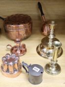 Four pieces of copper including a chamberstick, a jelly mould, a chestnut roaster, a pewter