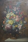 Continental School, oil on oak panel, Still life of flowers in a vase upon a ledge, 44 x 29cm,