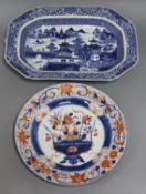 A 19th century Chinese blue and white platter and an Imari pattern deep plate platter length 37cm