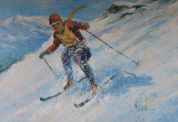 Manol, oil on canvas, Downhill skier, signed, 60 x 91cm, unframed