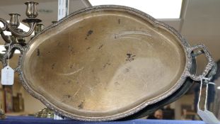 A continental 800 white metal two handled oval tea tray, 62.9cm over handles, 67 oz.