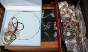 Two cases of mixed costume jewellery and two other boxes of ear-rings, bracelets, etc.