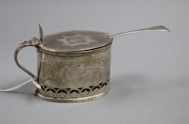 A George III oval silver lidded mustard pot by Henry Chawner, London, 1790, with blue glass liner
