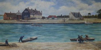 J. Lines, oil on canvas laid on board, Brixham Harbour, signed and dated '35, 40 x 78cm