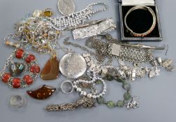 Mixed jewellery and silver including coral bracelet, charm bracelet, filligree bracelet, rings,