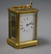 A late 19th century French brass cased eight day carriage timepiece height 11cm