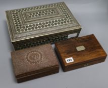 A bone inlaid abalone work box, a rosewood box of instruments and a carved wood box