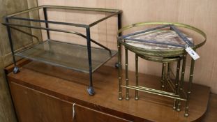 A nest of three brass tables and trolley Tables W.50cm and trolley W.81cm