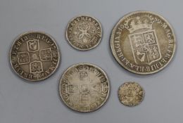 English Stuart monarchs silver coins - A Queen Anne shilling 1711, F, a Charles II fourpence 1679,