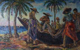 A.O. Bartimeus, oil on board, Fishermen mending nets, signed and dated 1965, 59 x 90cm