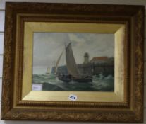 English School (19th century), oil on canvas, fishing boat leaving harbour, monogrammed, foliate-